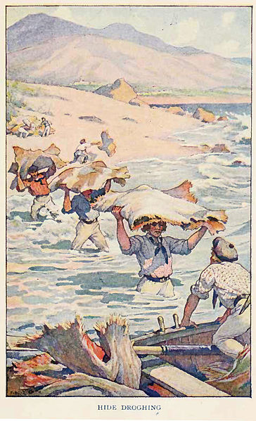Carrying hides to a longboat. Illustration from Two Years Before the Mast (1911)