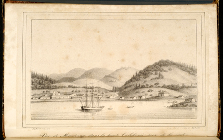 Engraving of San Francisco Bay from Duhaut-Cilly's Voyage Autour du Monde published in Paris in 1834-1835.
