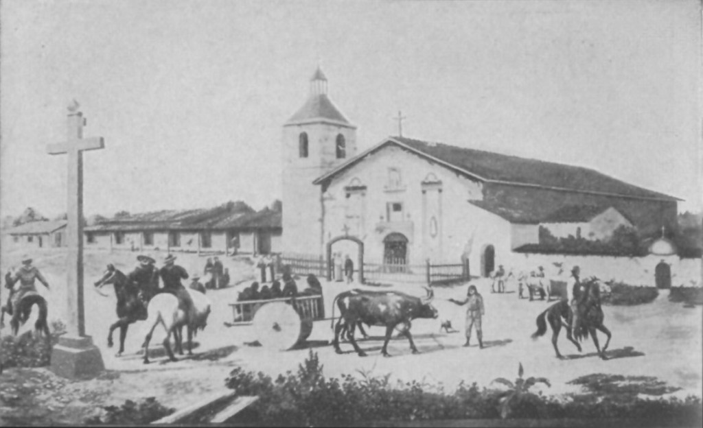 Mission Santa Clara in 1849. Based on a painting by A.P. Hill.