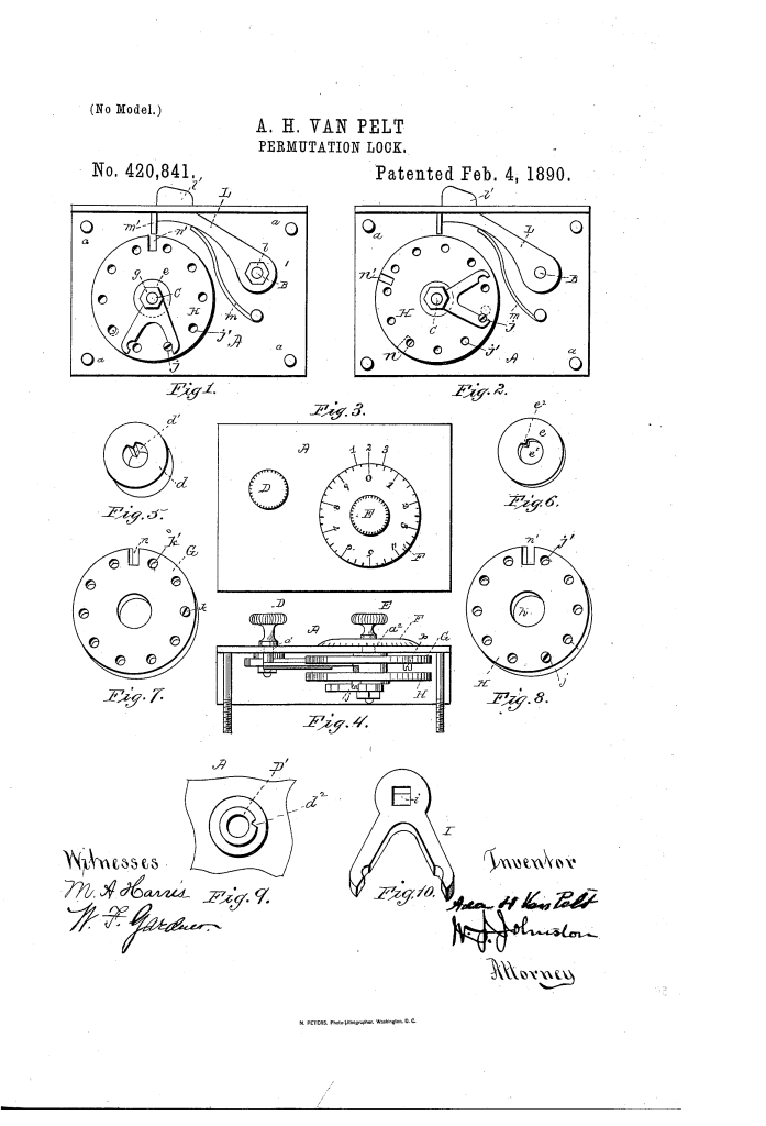Ada H. Van Pelt permutation lock patent