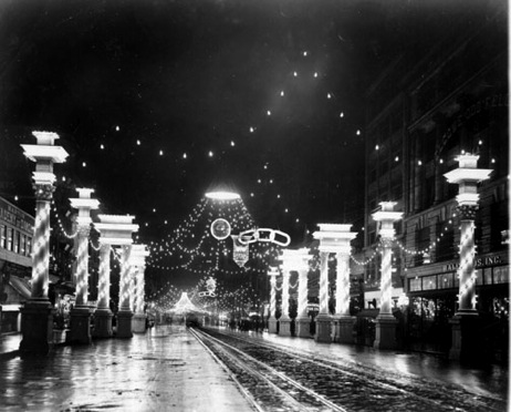 Market Street in San Francisco was first illuminated by Joseph Neri during the national and city celebration of July 4, 1876. Photo courtesy of University of San Francisco.