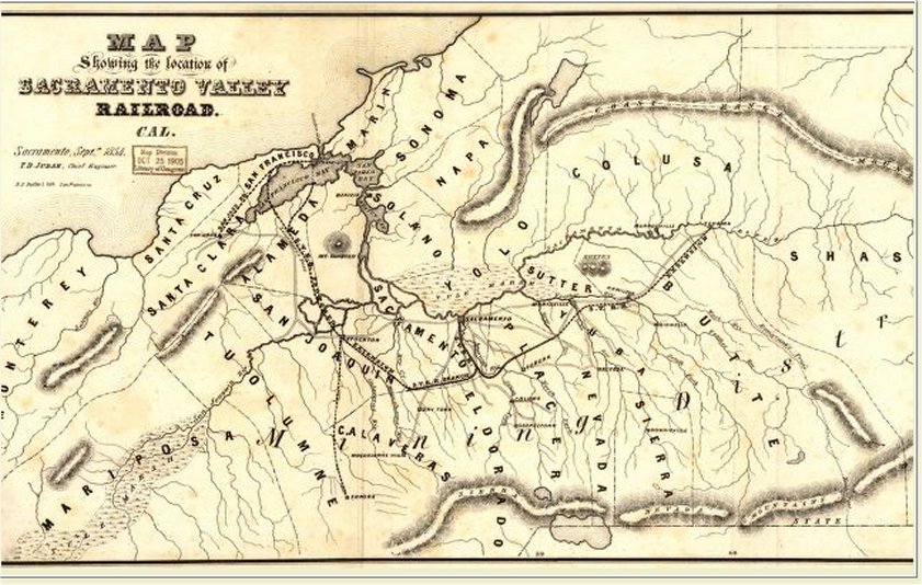 Map showing the location of Sacramento Valley Railroad, Cal. Sacramento, Septr., 1854; T.D. Judah, Chief Engineer