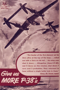 A U.S. Army WWII poster depicting the P-38 Lightning in action against Japanese Zeros in the Pacific.
