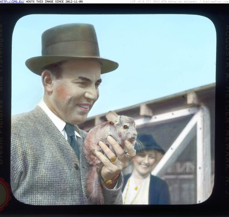 Mathias F. Chapman holding a chinchilla at Chapman Chinchilla Farm, Inglewood (1932-1934)