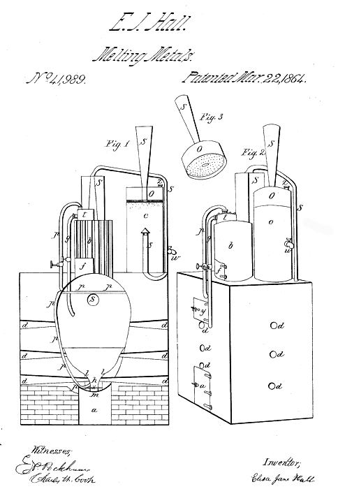 Eliza Hall patent for a furnace for smelting ore (1864).