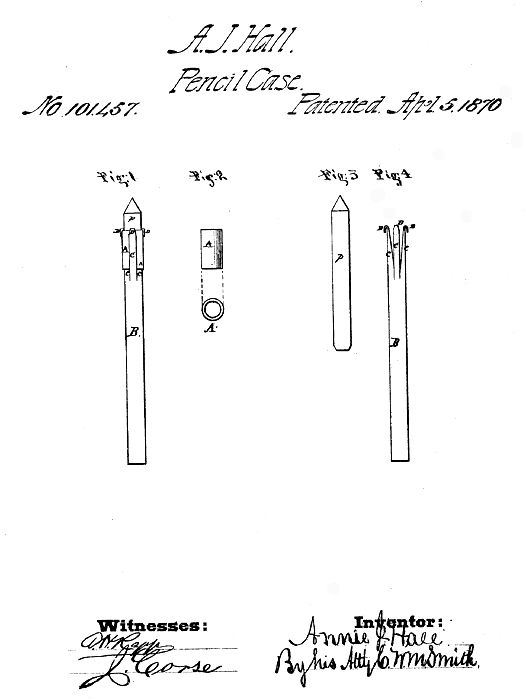 Annie J. Hall patented an improvement in pencil holders.