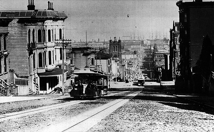 Early San Francisco Cable Car on Clay Street, 1878. Photos: San Francisco History Center, SF Public Library.