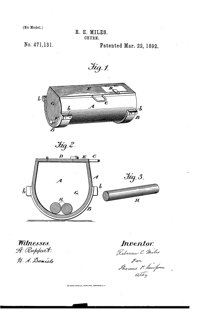 Rebecca Miles patented a milk churn (1892).