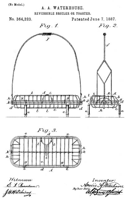 Amelia Waterhouse patented a reversible broiler & toaster (1887).