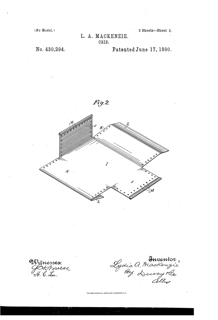 Lydia Mackenzie of San Francisco patented a portable crib (1890).