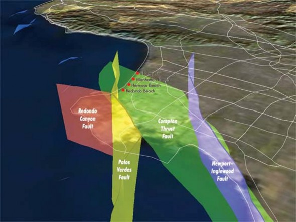 Earthquake Map Los Angeles. Red marks Redondo Canyon Fault, yellow marks Palos Verdes Fault, green marks Compton Thrust Fault, blue marks Newport-Inglewood.
