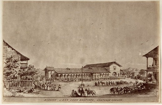 Edward Vischer drawing of Mission San Juan Bautista and the Corpus Cristi Procession (ca.1862). Courtesy the California Historical Society.