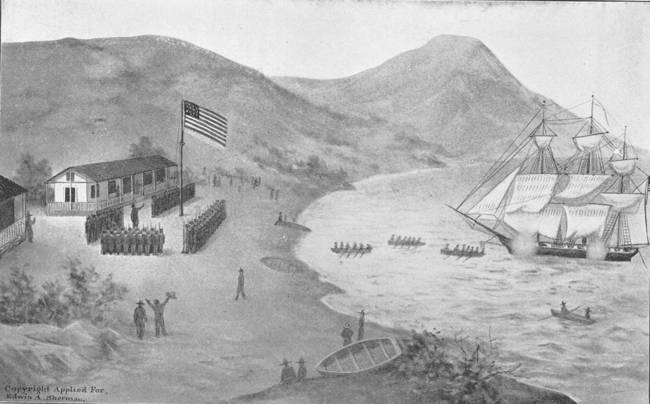 Raising the U.S. flag at Yerba Buena in 1846. Illustration by W. A. Coulter (1902).