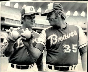 Phil and Joe Niekro, both pitchers, demonstrate a knuckleball grip.