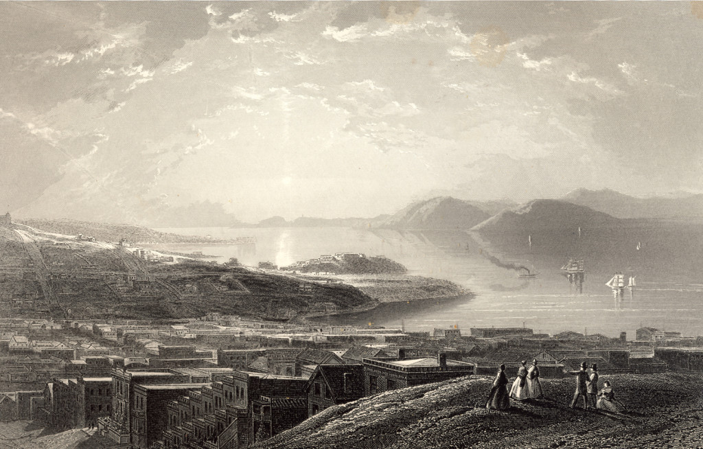 The golden gate from Telegraph Hill in San Francisco in 1872. An engraving from a study by James D. Smillie, engraved by E. P. Brandard and published in Picturesque America, D. Appleton & Company, New York, New York 1872.
