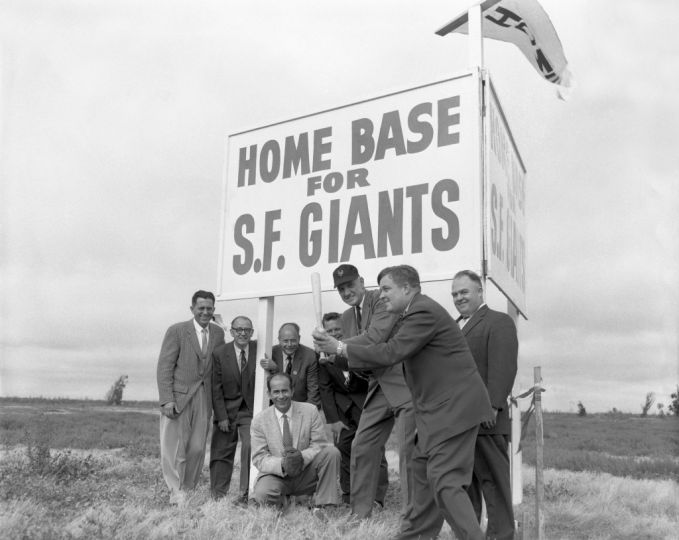 San Francisco Giants staff gather at Candlestick Point to promote where the new home of the Giants will be built (1957).