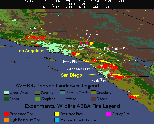 Southern California fires composite map for October 21-24, 2007.