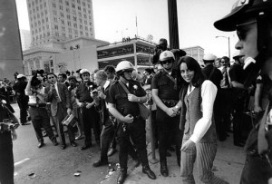 Joan Baez at anti-draft Vietnam War protest in Oakland (1966).