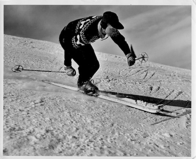 Warren Miller, photo by Ray Atkeson, Squaw Valley (1950).