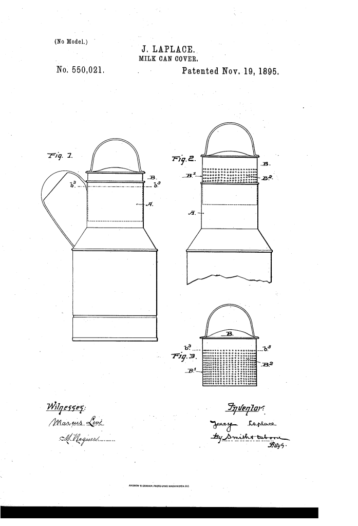 Jenny LaPlace milk can cover patent (1895).
