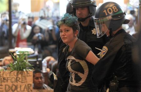 A protester from the Occupy San Francisco movement is arrested by police after the group took over a Bank of America branch in San Francisco (2011).