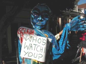 Protest puppet at Justin Herman Plaza, San Francisco.