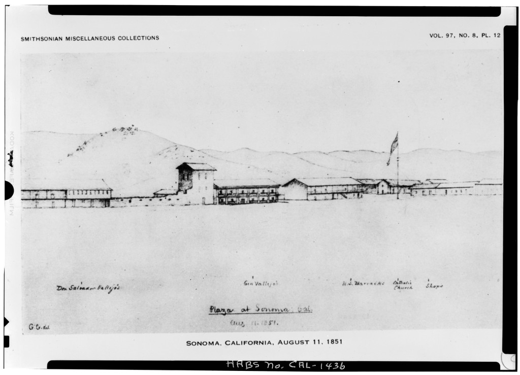Sonoma Plaza drawing by George Gibbs (1851).