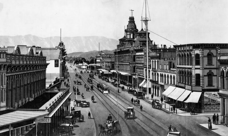 Main Street, Los Angeles. Baker Block is just right of center (1880s).